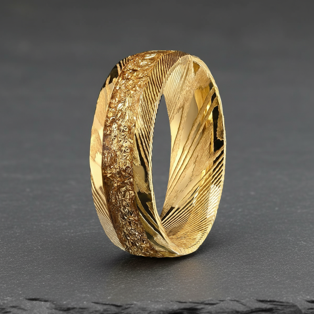 Bague en Acier de Damas — Feuille d'Or