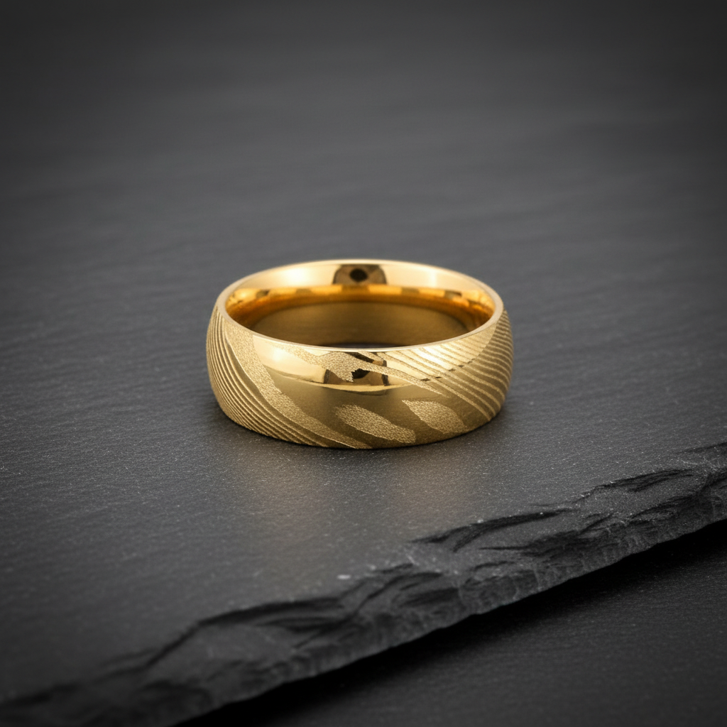 Bague en Acier de Damas — Plaqué Or