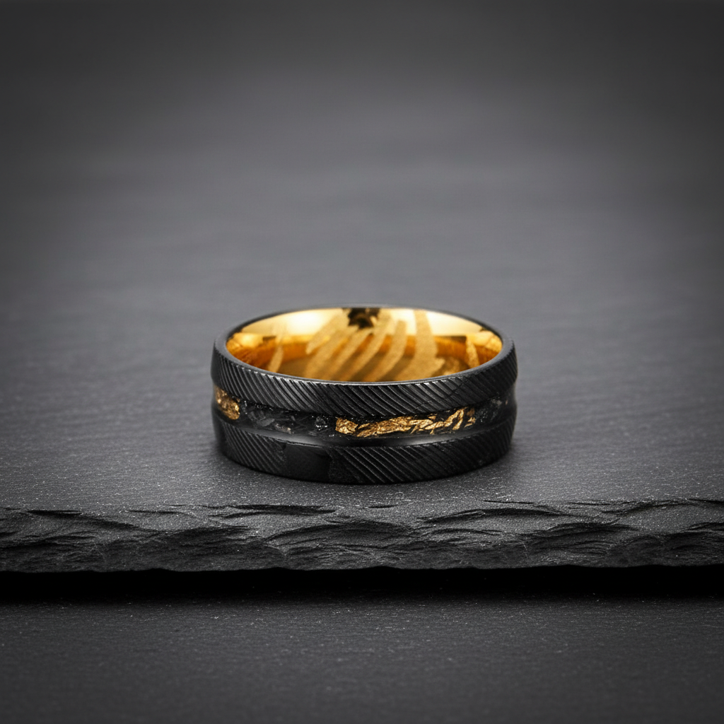 Bague en Acier de Damas — Le Motif au Doigt