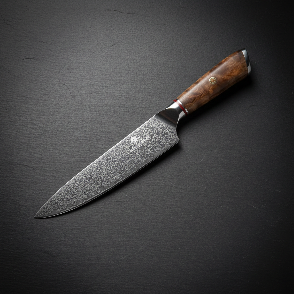 Couteau de Chef Damas — Lame de Caractère, Manche Bois